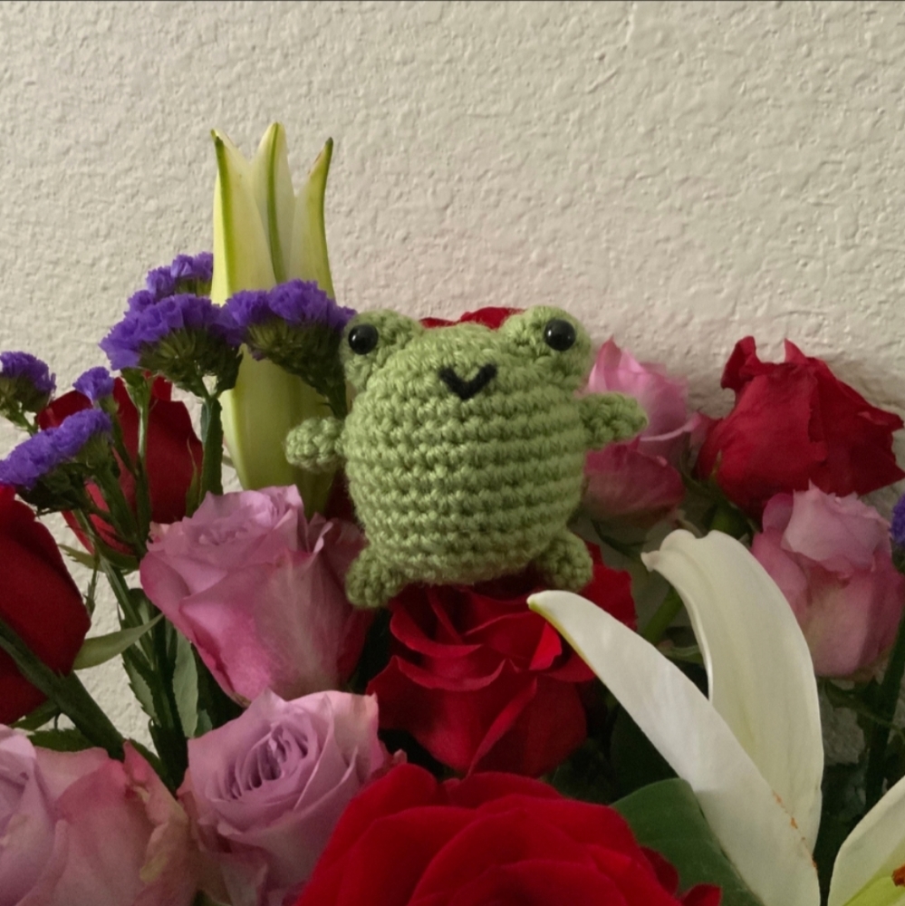 Small green crochet frog friend